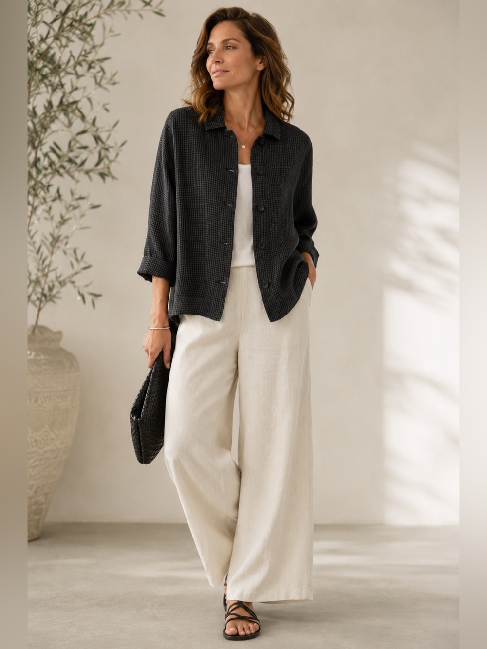 Eileen Fisher Organic Linen Plaid Shirt Jacket Black Petite Medium NWT